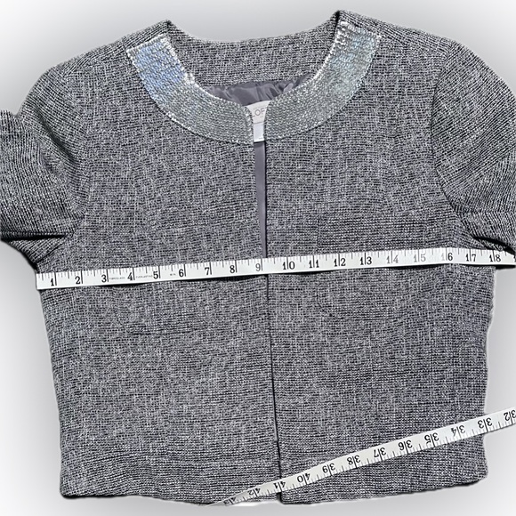 LOFT Size 6 Tweed Gray Open Cropped Jacket/Blazer Silver Metallic Sequin Collar - Picture 8 of 11